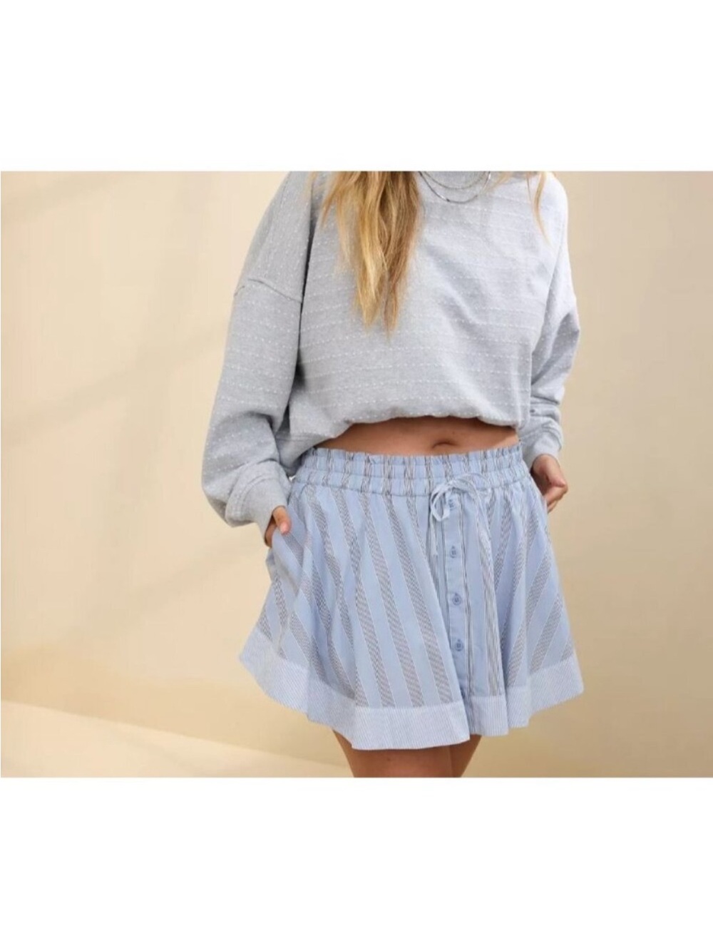 aerie Blue and White Striped Off-Shoulder Skort